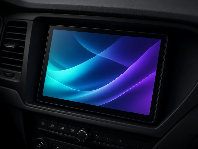 Aftermarket touchscreen head unit glowing in a dark car dashboard
