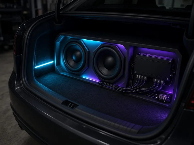 Custom trunk build with two subwoofers and an amplifier with clean wiring and LED accent lighting